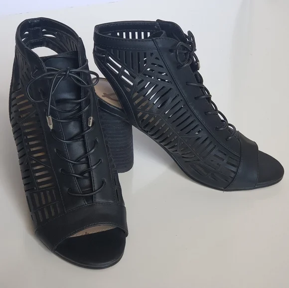 Sam Edelman Rocco Lace up Ankle Boots Womens 7 Black Laser Cut Open Peep Toe - Picture 4 of 13